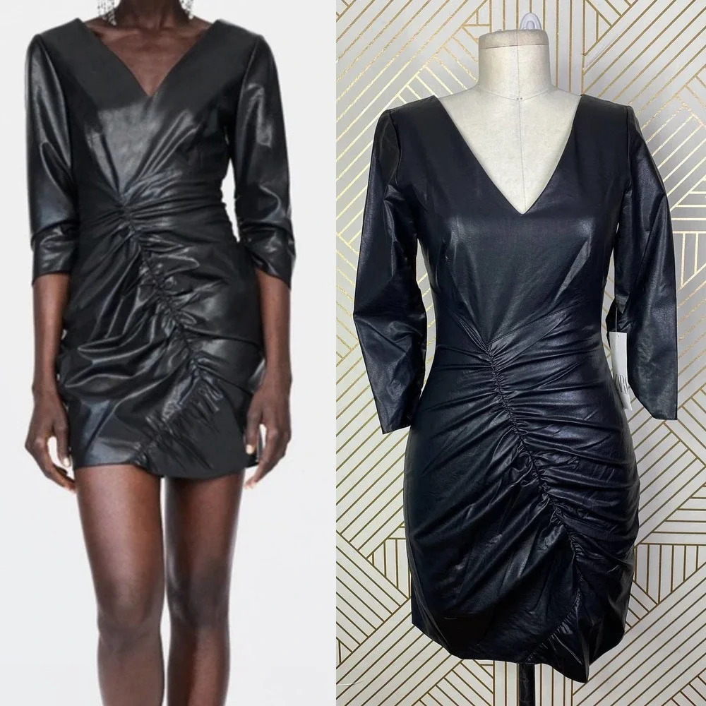 Zara Dress Faux Leather Ruched Draped V-Neck Mini Black Size US XS